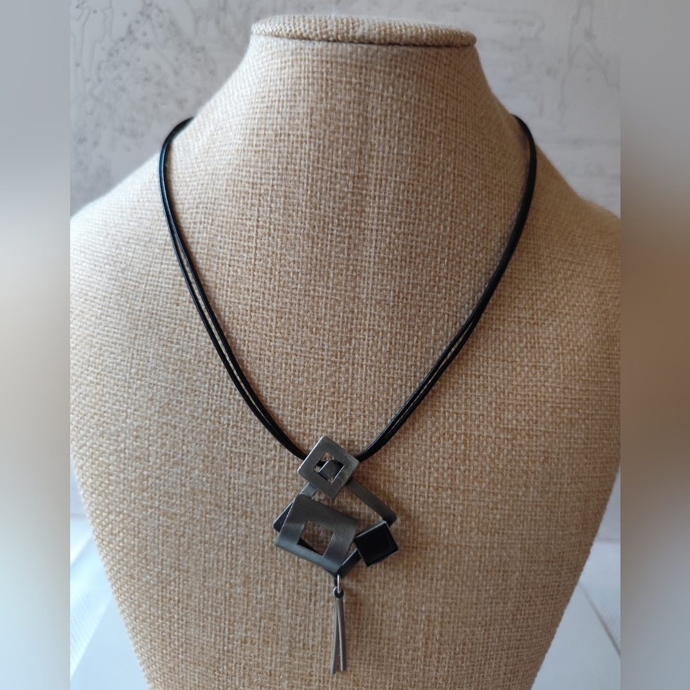 Christophe Poly Geometric Black and Silver Pendant Necklace